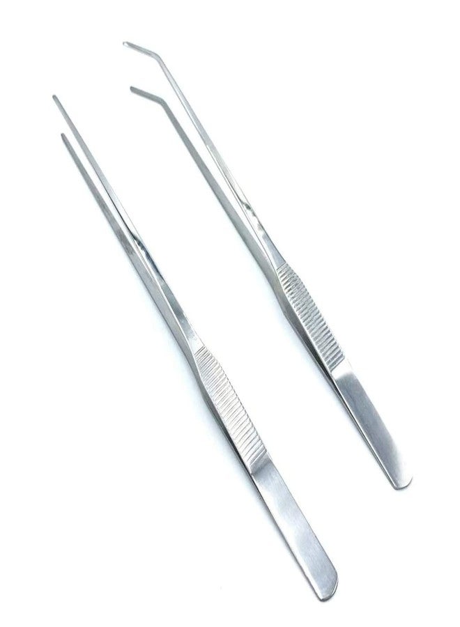 Wenplus 2PCS Aquarium Tweezers Stainless Steel Straight and Curved Tweezers Set Long Handle Reptile Feeding Tongs for Aquatic Plants Lizards Spider Snakes Garden Repairing - 10.6inch, Silver - Image 1